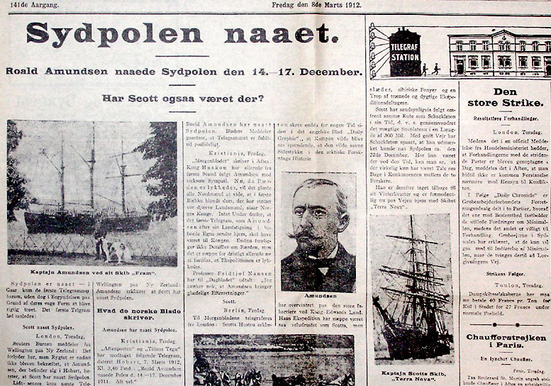 Avisartikel 1912: Sydpolen naaet